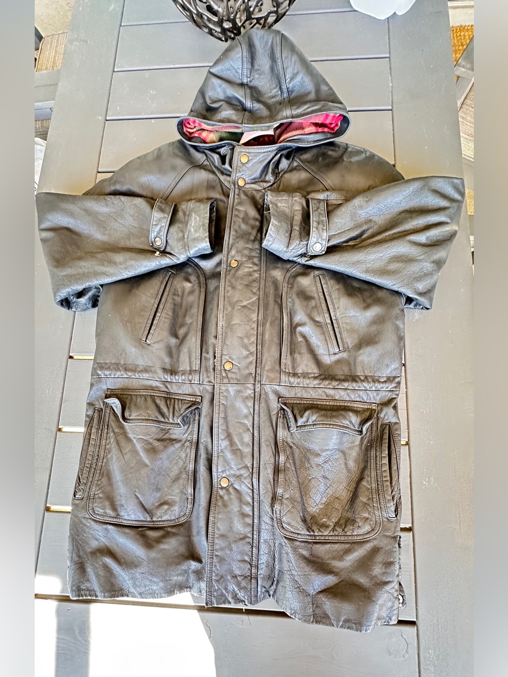 vintage 1990s IOU Leather Collection  genuine leather hooded parka coat Sz M - Picture 5 of 14